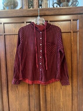 Women’s Red Plaid Hooded Button-Down Shirt Reversible Roadster